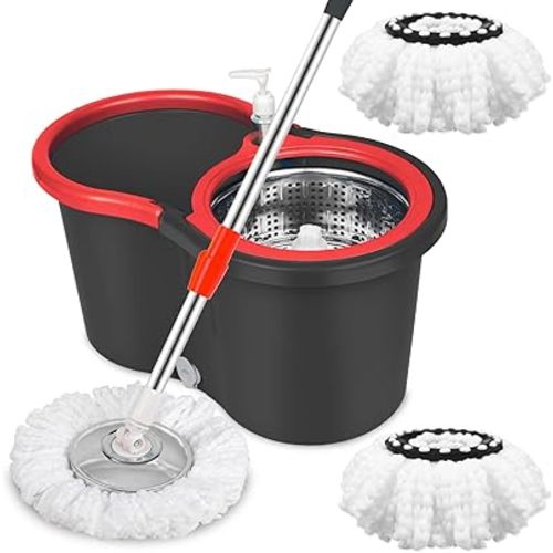 Spin Mop and Bucket with Wringer Set, 360° Spinning Mop Bucket System with 3 Microfiber Mop Replacement Heads and 61" Stainless Steel Adjustable Handle for Floor Cleaning