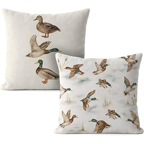 Rustic Mallard Duck Pillow Covers 18x18, Mallard Duck Nursery Decor, Ducks Hunting Gifts Decorative Throw Pillow Covers for Kids Room Home Living Room Bedroom Sofa Couch Set of 2
