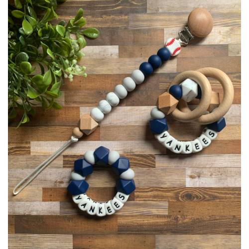 New York Yankees Collection - Baseball Clip - Baby Yankees Toy - Baseball Rattle Toy - Gray - Navy - Boy Baby Shower Gift