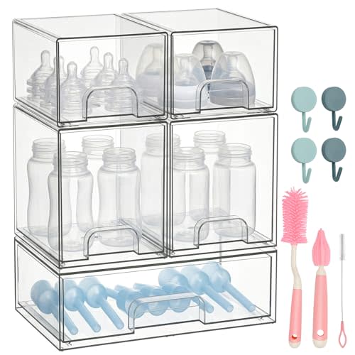 POLRAI 5 Pack Baby Bottles Organizer with Brush and Hooks, Stackable Acrylic Storage Boxes for Baby Bottles, Makeup, Small Items, Clear Storage Containers for Kitchen, Bathroom, Bedroom, Cabinet