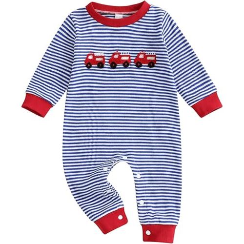 Sasaerucure Newborn Baby Boy Fall Outfit Firetruck Long Sleeve Jumpsuit | Firefighter Romper, Letter Embroidery, Crewneck, Waffle Knit One Piece Clothes for Baby Boys