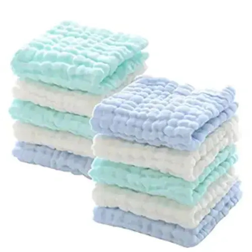 MUKIN Muslin Washcloths - Soft Face Cloths for Newborn, Absorbent Bath Face Towels, Wipes, Burp Cloths, Baby Registry as Shower. Pack of 10 (Green,Blue,White)