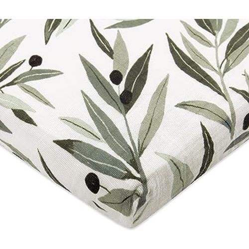 Babyletto 100% Organic Cotton All-Stages Midi Crib Sheet, GOTS-Certified, Fitted 360°, Ultra-Soft and Breathable Muslin - Olive Branches