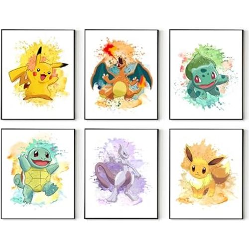 Pokemon Watercolor Wall Art Prints – Set of 6 – 8x10 Unframed Posters – Kids Room, Nursery, or Playroom Decor