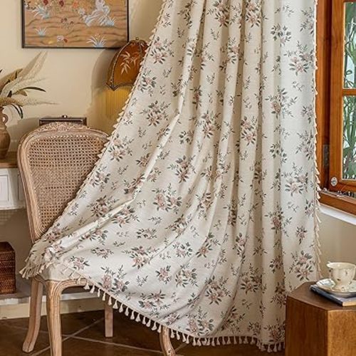 OYX Pink Boho Floral Window Curtains 63 Inch Long 2 Panels, French Vintage Farmhouse Vintage Country Rustic Tassels Printed Drapes for Living Room Bedroom, Rod Pocket Light Filtering Decor Aesthetic