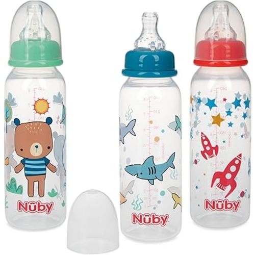 Nuby Non-Drip Standard Neck Baby Bottles - (3 Pack) 4 oz - Vari-Flo Flow Control Nipple - Anti-Colic Air System - 0+ Months - Bear/Shark/Rocket