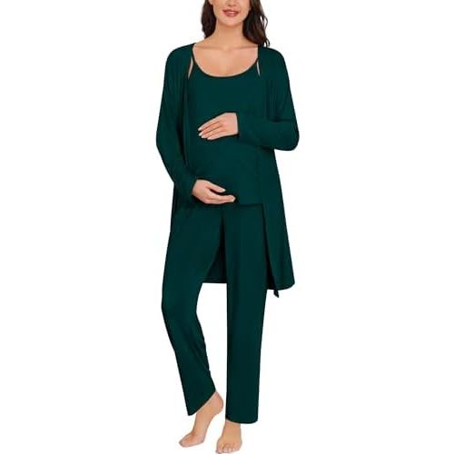 SWOMOG Maternity Pajamas Set 3 PCS Nusing Pajamas Labor and Delivery Gown & Camisole & Pants Postpartum Pjs