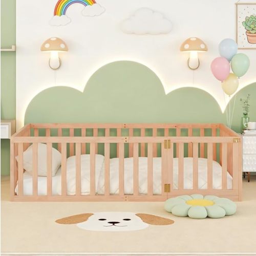 Bellemave Full Size Montessori Floor Bed with 21.7" High Rails, Pine,Plywood Floor Bed with Small Door, Natural