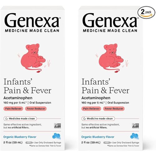 Genexa Infants’ Pain and Fever Reducer | Baby Acetaminophen, Dye Free, Liquid Oral Suspension Medicine for Infant | Delicious Organic Blueberry Flavor | 160 mg per 5mL | 4 Fluid Ounces (2 Pack) - 2 Fl Oz (Pack of 2)