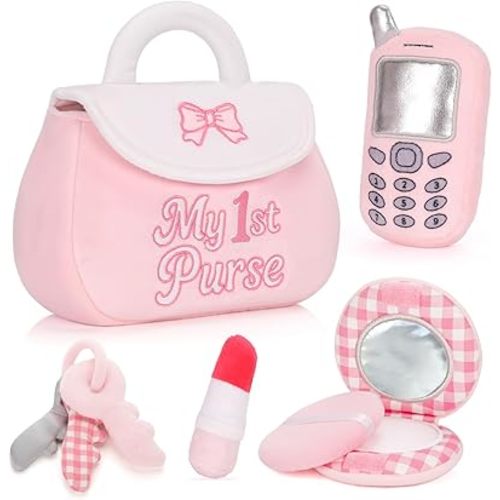 My 1st Purse Plush Toy Set – 5 PCS Sensory Toddler Purse for Little Girls Including Phone, Lipstick, Keys & Mirror, First Birthday Gift for Baby Toddler Girl Ages 1-3 (Pink)