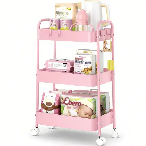3 Tier Rolling Cart, Metal Utility Cart with 4 Hooks Storage Cart on Wheels Craft Cart with Handle for Organizer Storage for Classroom Office Dorm Home Pink - TikTok Shop