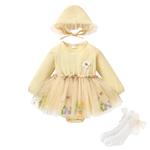 YOUNGER TREE Newborn Baby Girl Romper Dress Outfits Long Sleeve Floral Tutu Bodysuit with Leggings Hat Infant Fall Clothes