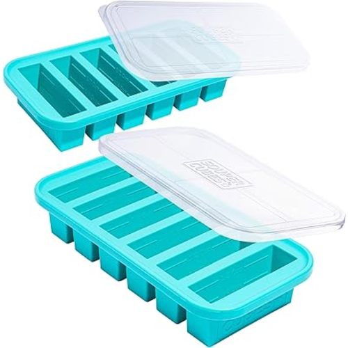 Souper Cubes 1/2 Cup Silicone Freezer Molds with Lids, Perfect for Storing Soups, Sauces, Juices, Desserts, Smoothie Prep and More, 1/2 Cup Silicone Freezer Trays - Aqua - 2-Pack