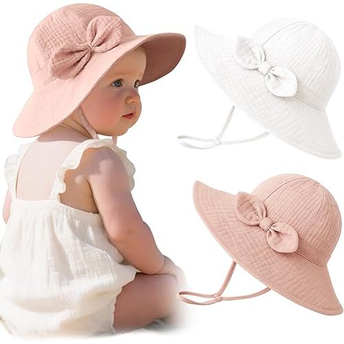 Konssy Muslin Baby Sun Hat 2-Pack, UPF 50+ Sun Protection Wide Brim Summer Beach Hat, Bucket Hat for Girls and Boys