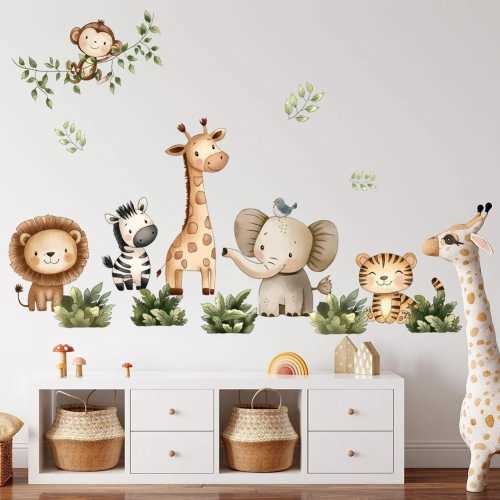 Safari Animals Wall Decals for Kids Room, Jungle Nursery Wall Stickers, Cute Lion Giraffe Wall Decor, kids room wall sticker, Cartoon Animal