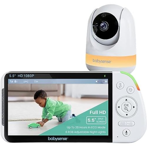Babysense 5.5” 1080p Full HD Split-Screen Baby Monitor, Video Baby Monitor with Camera and Audio, PTZ Camera, RGB Night Light, 1000ft Range, Two-Way Audio, 4X Zoom, 5000mAh Battery - 5.5 inch