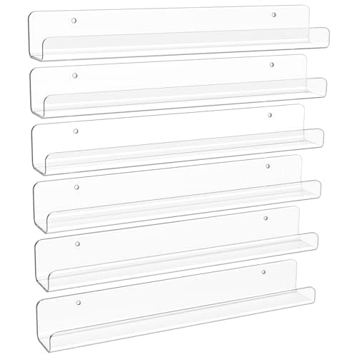 upsimples 6 Pack Clear Acrylic Shelves, 1.7" x12" Nursery Bookshelves, Small Floating Bookshelf for Kids Baby, Vinyl Wall Mount, Record Holder, Magazine Rack, Comic Display, Picture Ledge Shelf Décor