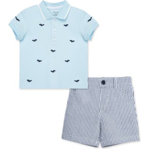 Whale Embroidered Cotton Polo & Stripe Shorts Set, 12M