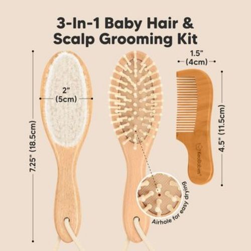 KeaBabies Baby Hair Brush and Comb Set, Oval Wooden Baby Brush Set for Newborns, Infant, Toddler Grooming Kit (Walnut, Regular)