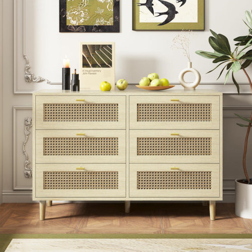 Bay Isle Home™ 6 Drawer Rattan Dresser for Bedroom, Natural Wood Boho Dresser & Reviews | Wayfair