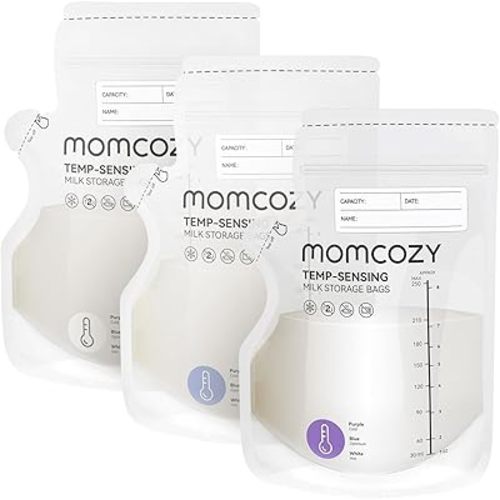 Momcozy Easy Pour Breastmilk Storage Bag, 8Oz, Temp-Sensing Color Change, 120 Count Milk Bag with Self Standing for Breastfeeding, No Leak Presterilized for Freezer, Recyclable & BPA Free