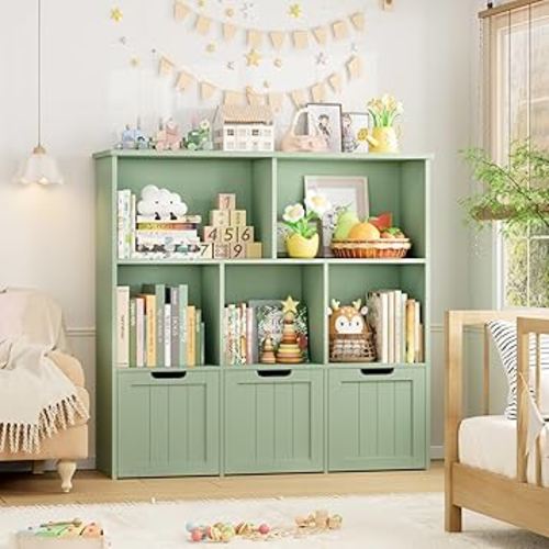 FOTOSOK Toy Storage Organizer with 3 Movable Drawers, Toy Organizer with Hidden Wheels and 5 Open Cubbies, Multifunctional Floor Storage Chest for Playroom, Green