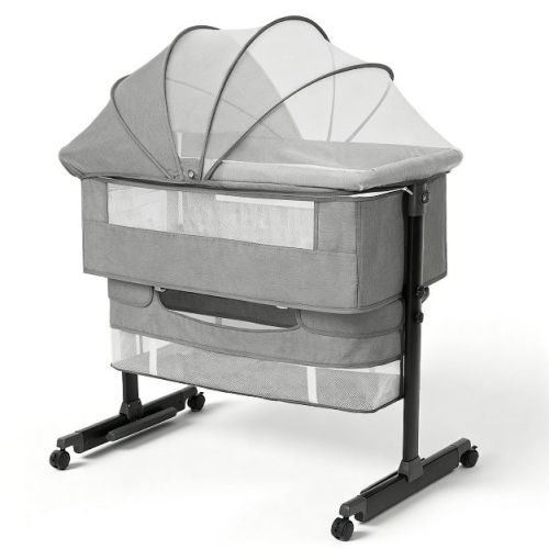 Baby Bassinet Bedside Crib with Adjustable Height, Breathable Mesh Sides, Wheels and Storage Basket,Dark Grey
