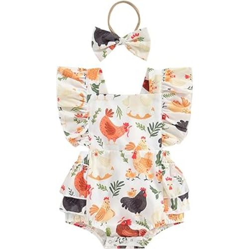 Karuedoo Newborn Baby Girl Farm Outfit Chicken Print Ruffle Sleeveless Romper Jumpsuit Bodysuit with Headband Country Clothes