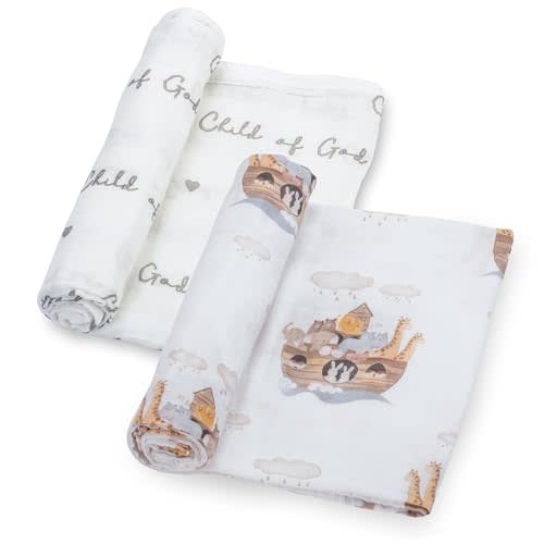 LollyBanks Muslin Swaddle Blankets 2PACK, 100% Cotton Baby Blanket 47 x 47 Inches, Large Baby Swaddle Breathable, Muslin Blankets for Boys and Girls (Child of God and Noah's Ark Print)