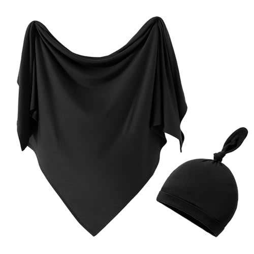 iEvolve Cotton Knitted Baby Swaddle Blanket with Hat Headband Set Newborn Swaddle Wrap Receiving Blankets for Baby Girl Boy 35" x 35"(Black)