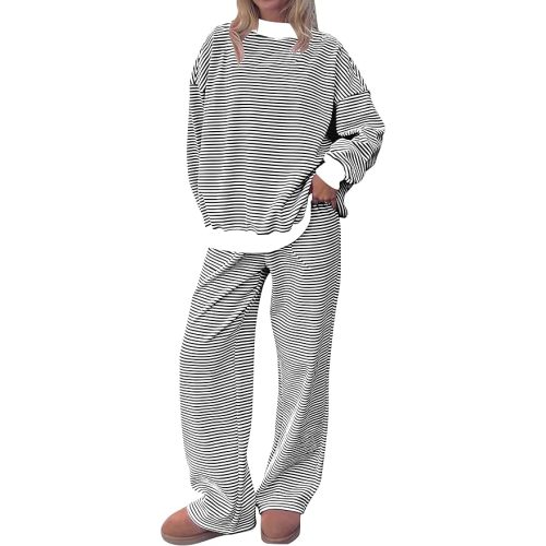 TERIVEEK Womens Striped Lounge Set Oversized Mock Neck Top Matching Pj Sets