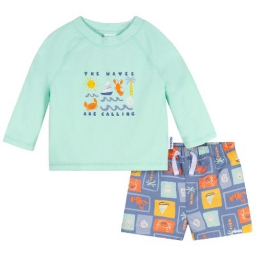 Gerber Baby Boys' 2-Piece Swim Rashguard & Trunks Set, Green Stamps, 6-9 Months