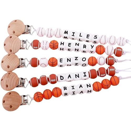 Personalized Pacifier Clip with Name for Boy, Basketball & Soccer & Football Pacifier Clip