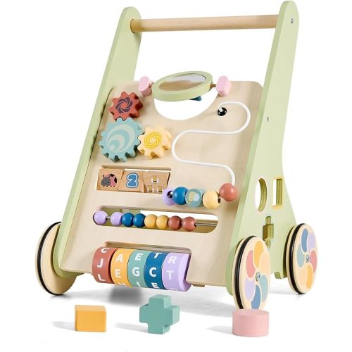 Wooden Baby Walker with Activity Center, Baby Push Walker for 1 Year Old Boys & Girls, Montessori Learning Walking Toy with Wheels, Toddler Push Toy with Storage Box 12 Months+