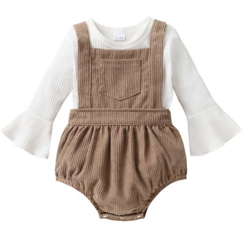 Younger Tree Newborn Baby Girl Clothes Bell Sleeve Romper and Corduroy Overalls Shorts Infant Girl Fall Outfits for 12-18 Months