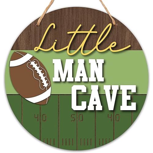 Little Man Cave Sign for Boys, Baby Boy Nursery Decor, Kids Room Football Door Hanger, 10x10 Inch Wooden Round Wall Door Sign-D01