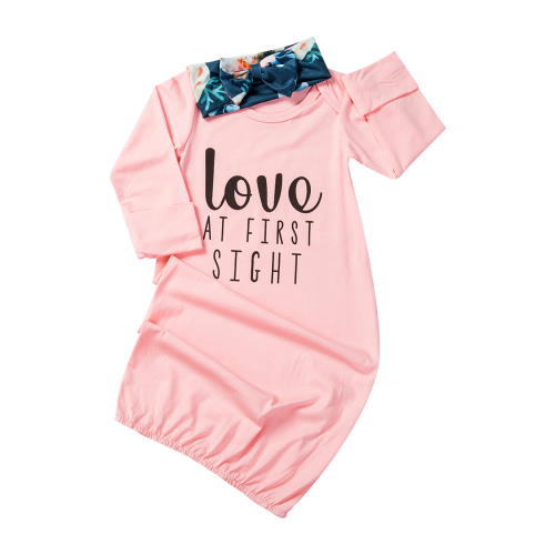 Baby Girl Sleeper Gowns Love at First Sight Print Sleepwear Long Sleeve Night Gowns with Headband