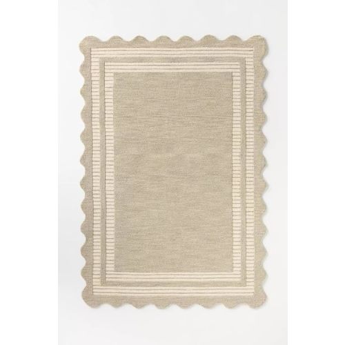 Luxury Hand-Tufted 100% Wool Area Rug - 5x7 Ft, Soft Beige & Ivory with Elegant Scalloped Edge Border, Neutral Handmade Carpet with Cotton Backing for Living Room, Bedroom & Hallway