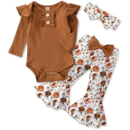 Bellcoco Baby Girls Clothes Newborn Ribbed Ruffled Romper Floral Bell Bottom Flare Pants Headband Infant 3 PCS Outfit Set