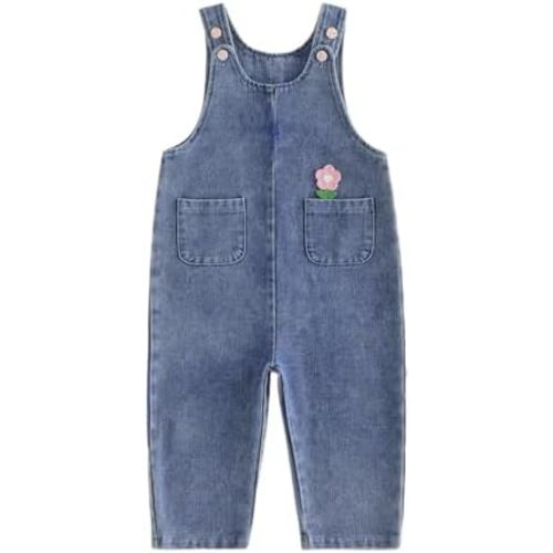 Cathery Toddler Baby Girl Denim Overalls Flower Embroidery Jean Bib Pants Soft Cotton Jumpsuit Casual Trousers Clothes