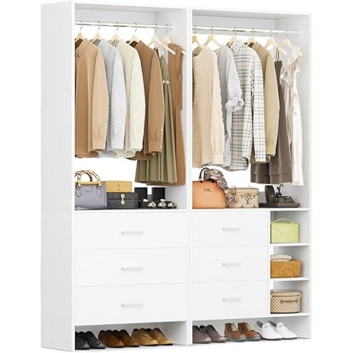 Aheaplus Closet System with 6 Drawers, 4.5ft Wood Closet Organizer System, Walk-in Closet or Small Closets Wardrobe, Clothes Rack with Hanging Rods, Set of 2, White
