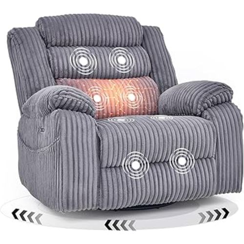 Power Swivel Rocker Recliner Chair for Adults with Massgae and Heat, USB and Type-C Charging Port, Infinite Position, Electric Glider Rocking Chairs for Living Room, Nursery, Grey