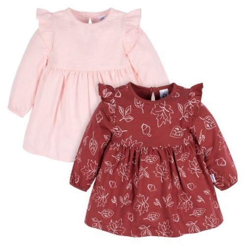 Gerber Baby & Toddler Girls Babydoll Dresses, 2-Pack, Color: Dark orange leaves, Size: 3-6 months