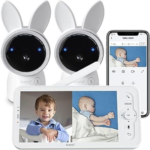 ARENTI Split-Screen Video Baby Monitor, Audio Monitor with Two 2K UHD WiFi Cameras,5" Color 720P Display,Night Vision,Cry Detection,Motion Detection,Temp&Humidity Sensor,Two Way Talk,App Control