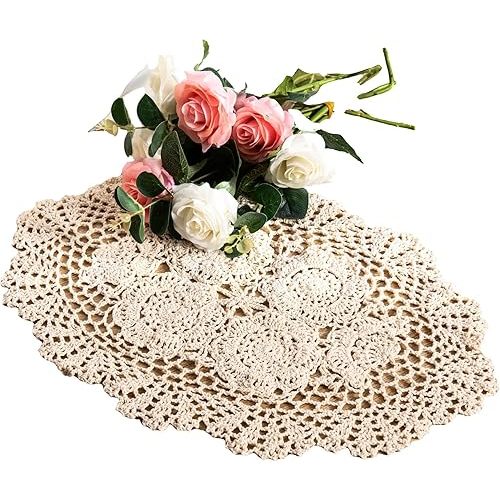 Eiyye 2-Pieces Handmade Cotton Crochet Doilies Oval Lace Table Placemats 12 x17inch, Beige