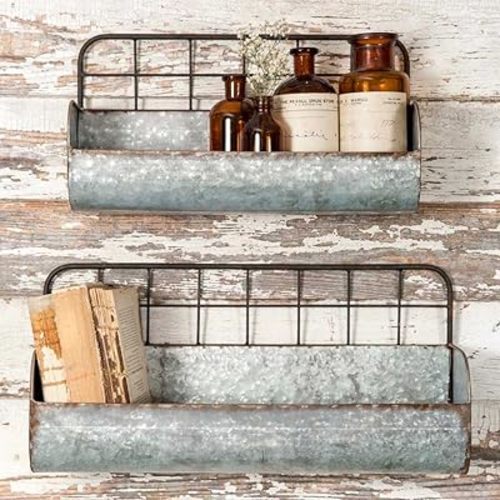 Colonial Tin Works Set of Two-Decorative Wire Back Wall Shelves-Industrial, Rustic Grey/Rust