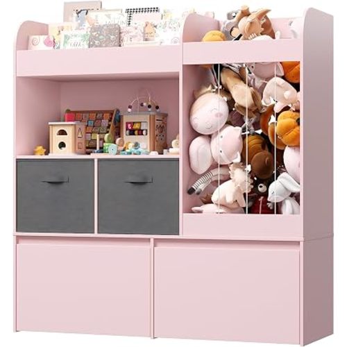 Stuffed Animal Holder,Kids Bookshelf with Play Mat, Wooden Toy Storage with 2 Movable Drawers and 3 Tier Bookshelf for Kids Room, Playroom, Nursery, Easy Assembly, Pink
