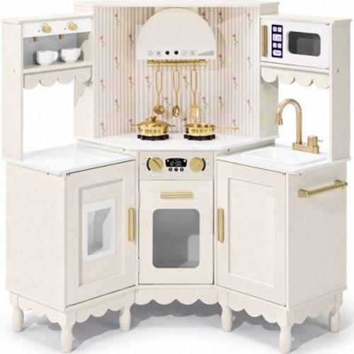 Best Choice Products Cottage Corner Play Kitchen for Kids, Wooden Toy Kitchen w/ Espresso, Ice Maker, Sink, 11pc - Cream