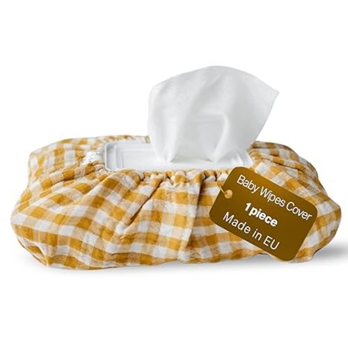 Baby Wipes Cover – Universal Size, One Size Fits All Wipes Packages | Muslin Cotton Tissue Cover for Nursery, Diaper Bag & Changing Table, Station | Gingham & Neutral Patterns (Mustard Yellow Gingham)