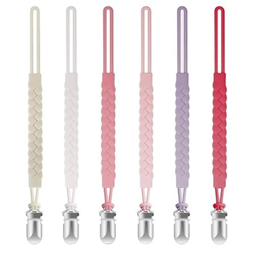 TenderBabe Silicone Pacifier Clip for Baby Girls and Boys, Pack of 6 Soft Flexible Paci Binky Clips with One-Piece Braided-Style Design,BPA-Free Baby Essentials
